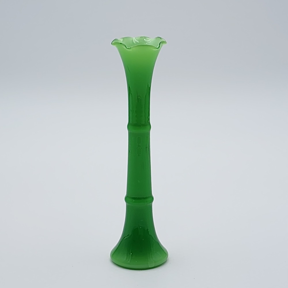 Vintage Murano Style Cased Bud Vase Green Glass Slim Multi Ring Body Ruffle Top